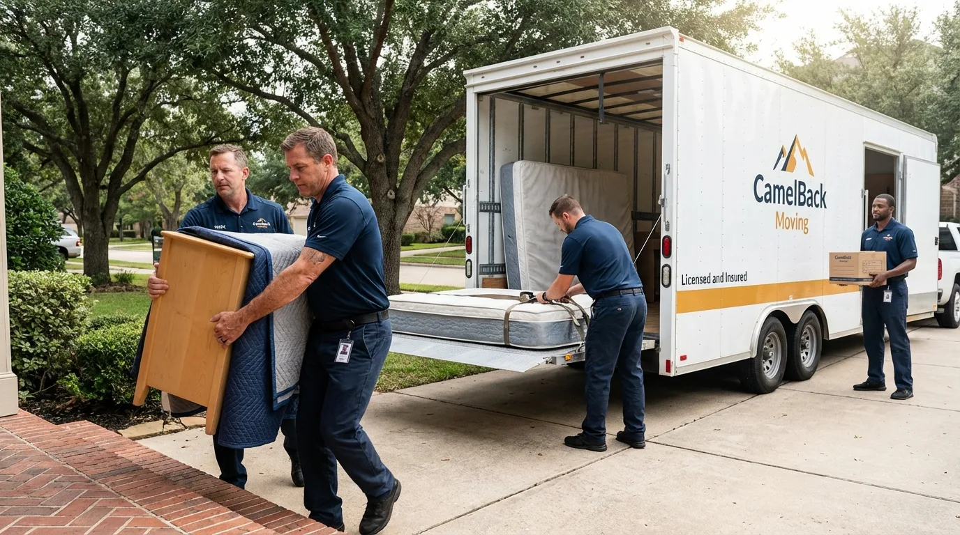 Crew loading residential truck for cross-state move from Stonewall, LA