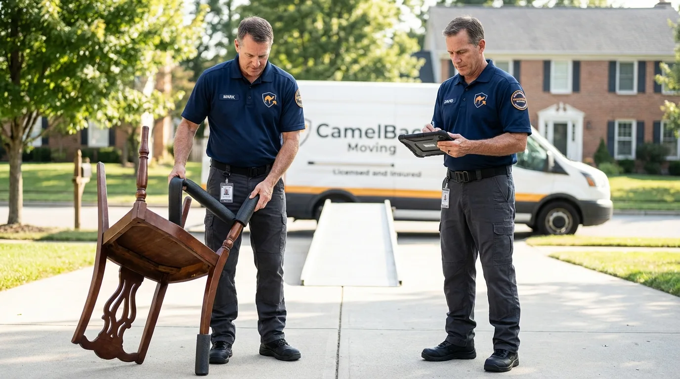 Movers inspecting furniture for damage prevention before loading in Stonewall, LA