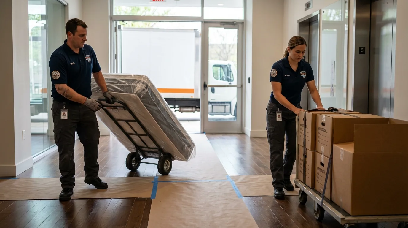 Professional apartment movers loading elevator in Stonewall, LA